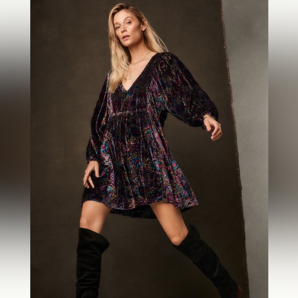Anthropologie Black Velvet Mini Dress with Multicolor Paisley